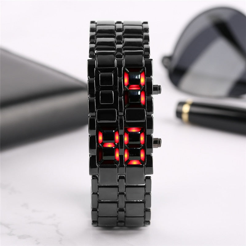 Fashion Mens Digital Lava Wrist Watch Men Black Full Metal Red Blue LED  Display Watches Gifts